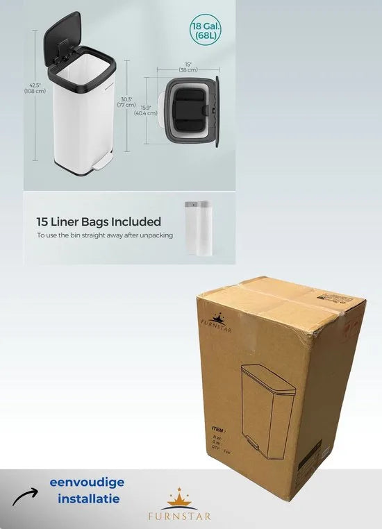 FurnStar - Pedaalemmer - Keukenbak - Vuilnisbak van 68 liter - Pedaalemmer van metaal met deksel - Hoog en groot - Zwart – Zwart / wit