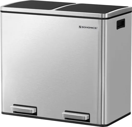 FurnStar - Pedaalemmer - Prullenbak - Dubbele prullenbak - 2 x 24L met 2 compartimenten Soft Close-deksels - Pedalen Plastic binnenemmers en handgrepen - Zwart – Silver