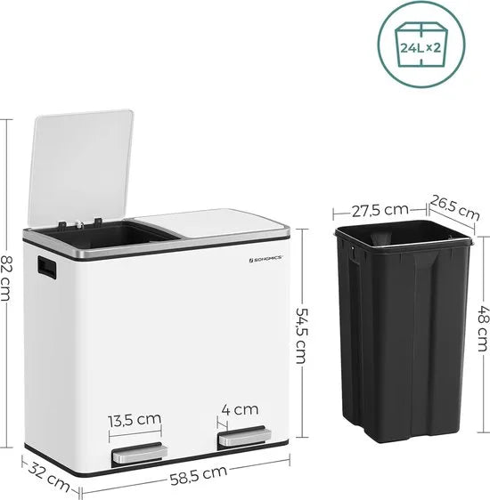 FurnStar - Pedaalemmer - Prullenbak - Dubbele prullenbak - 2 x 24L met 2 compartimenten Soft Close-deksels - Pedalen Plastic binnenemmers en handgrepen - Zwart – Wit