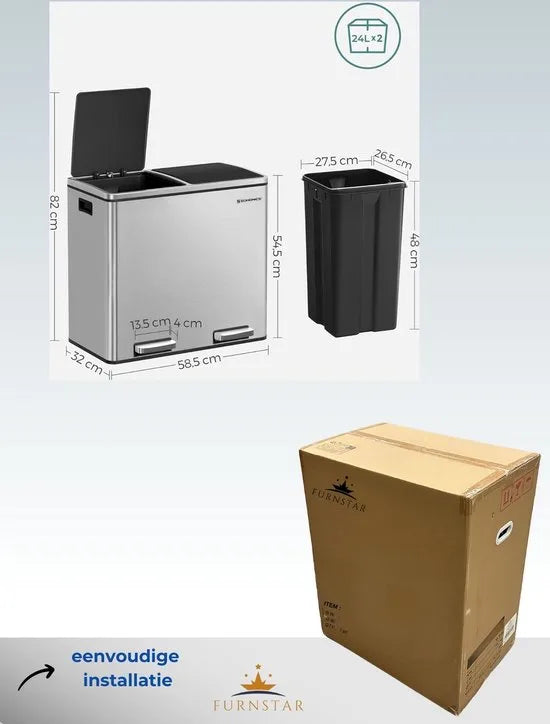 FurnStar - Pedaalemmer - Prullenbak - Dubbele prullenbak - 2 x 24L met 2 compartimenten Soft Close-deksels - Pedalen Plastic binnenemmers en handgrepen - Zwart – Silver