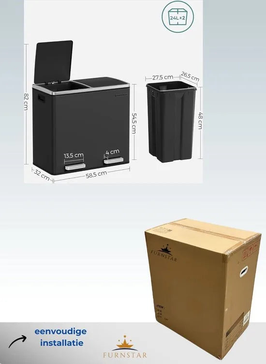 FurnStar - Pedaalemmer - Prullenbak - Dubbele prullenbak - 2 x 24L met 2 compartimenten Soft Close-deksels - Pedalen Plastic binnenemmers en handgrepen - Zwart