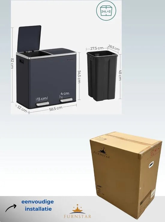 FurnStar - Pedaalemmer - Prullenbak - Dubbele prullenbak - 2 x 24L met 2 compartimenten Soft Close-deksels - Pedalen Plastic binnenemmers en handgrepen - Zwart – Grijs