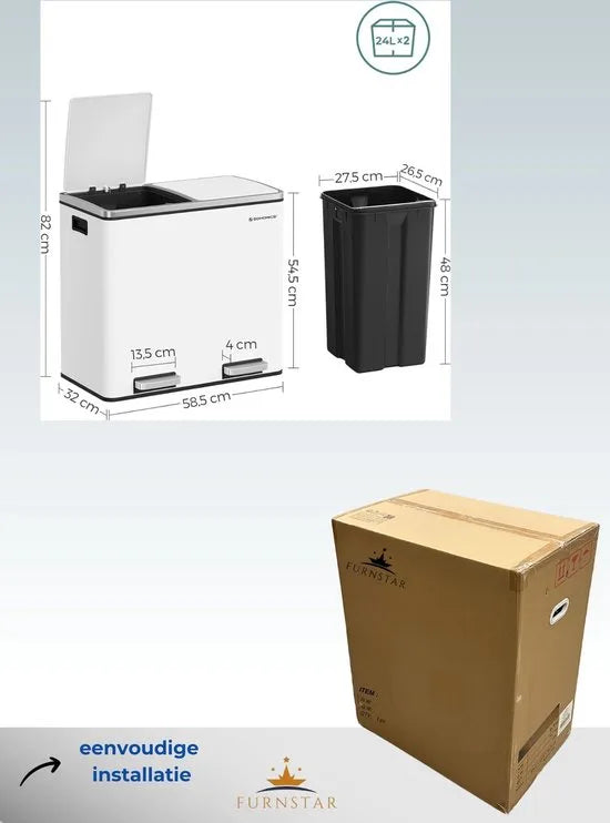 FurnStar - Pedaalemmer - Prullenbak - Dubbele prullenbak - 2 x 24L met 2 compartimenten Soft Close-deksels - Pedalen Plastic binnenemmers en handgrepen - Zwart – Wit