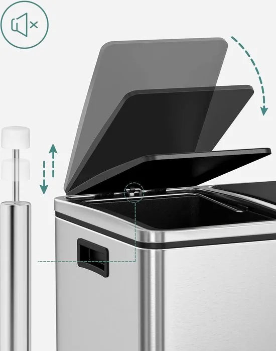 FurnStar - Pedaalemmer - Prullenbak - Dubbele prullenbak - 2 x 24L met 2 compartimenten Soft Close-deksels - Pedalen Plastic binnenemmers en handgrepen - Zwart – Silver