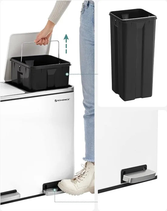 FurnStar - Pedaalemmer - Prullenbak - Dubbele prullenbak - 2 x 24L met 2 compartimenten Soft Close-deksels - Pedalen Plastic binnenemmers en handgrepen - Zwart – Wit