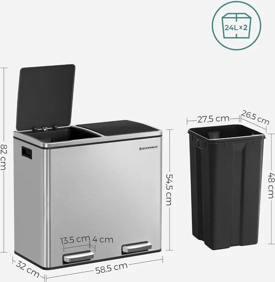 FurnStar - Pedaalemmer - Prullenbak - Dubbele prullenbak - 2 x 24L met 2 compartimenten Soft Close-deksels - Pedalen Plastic binnenemmers en handgrepen - Zwart – Silver