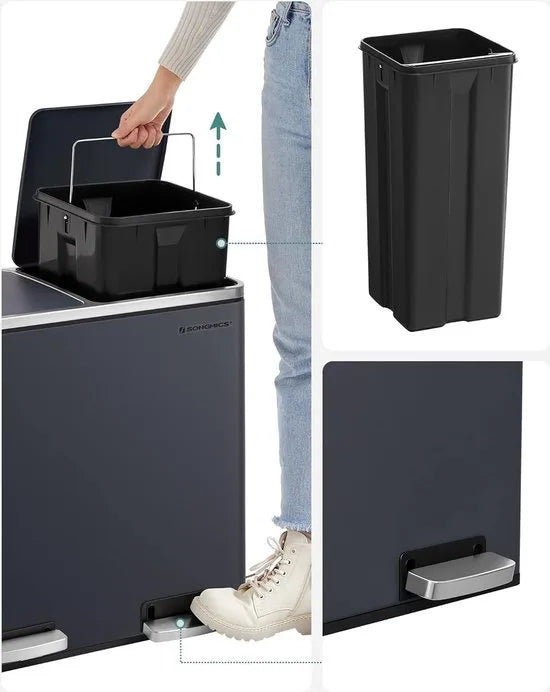 FurnStar - Pedaalemmer - Prullenbak - Dubbele prullenbak - 2 x 24L met 2 compartimenten Soft Close-deksels - Pedalen Plastic binnenemmers en handgrepen - Zwart – Grijs