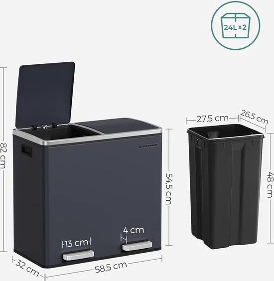 FurnStar - Pedaalemmer - Prullenbak - Dubbele prullenbak - 2 x 24L met 2 compartimenten Soft Close-deksels - Pedalen Plastic binnenemmers en handgrepen - Zwart – Grijs