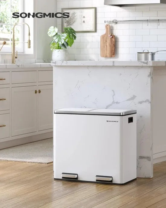 FurnStar - Pedaalemmer - Prullenbak - Dubbele prullenbak - 2 x 24L met 2 compartimenten Soft Close-deksels - Pedalen Plastic binnenemmers en handgrepen - Zwart – Wit