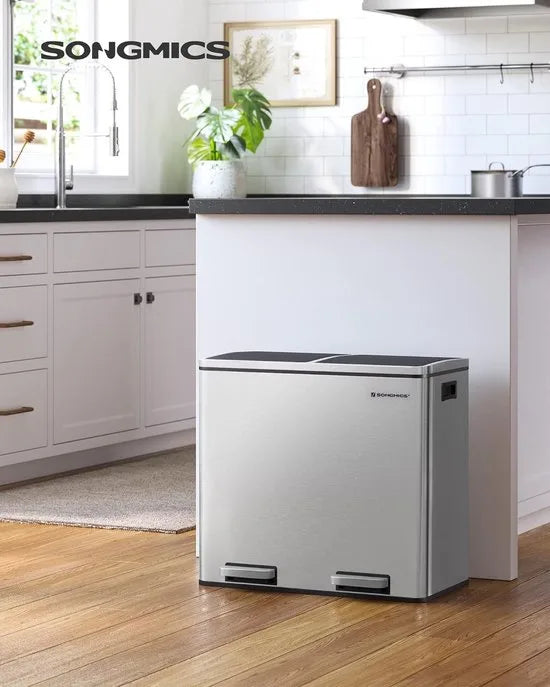 FurnStar - Pedaalemmer - Prullenbak - Dubbele prullenbak - 2 x 24L met 2 compartimenten Soft Close-deksels - Pedalen Plastic binnenemmers en handgrepen - Zwart – Silver