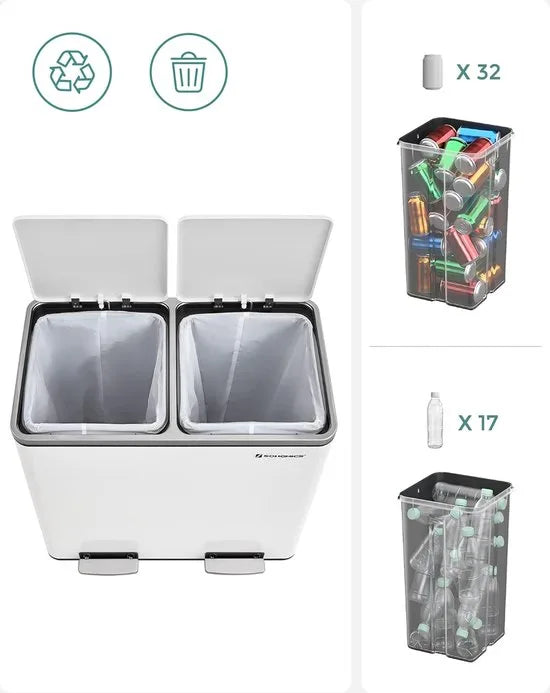 FurnStar - Pedaalemmer - Prullenbak - Dubbele prullenbak - 2 x 24L met 2 compartimenten Soft Close-deksels - Pedalen Plastic binnenemmers en handgrepen - Zwart – Wit