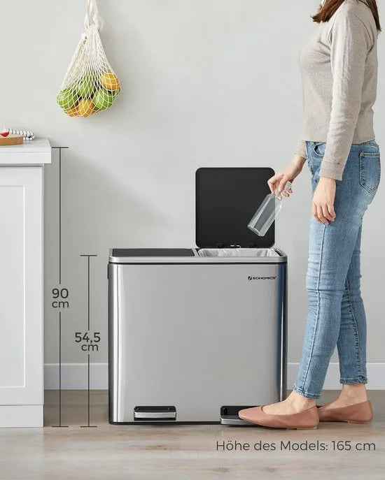 FurnStar - Pedaalemmer - Prullenbak - Dubbele prullenbak - 2 x 24L met 2 compartimenten Soft Close-deksels - Pedalen Plastic binnenemmers en handgrepen - Zwart – Silver