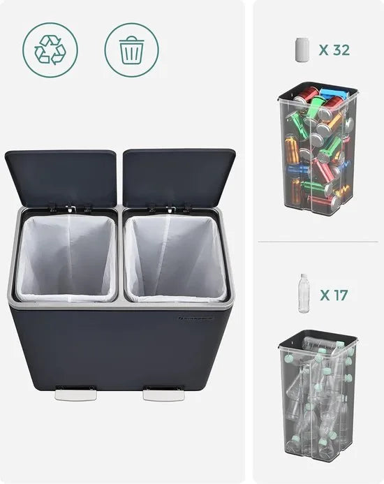 FurnStar - Pedaalemmer - Prullenbak - Dubbele prullenbak - 2 x 24L met 2 compartimenten Soft Close-deksels - Pedalen Plastic binnenemmers en handgrepen - Grijs