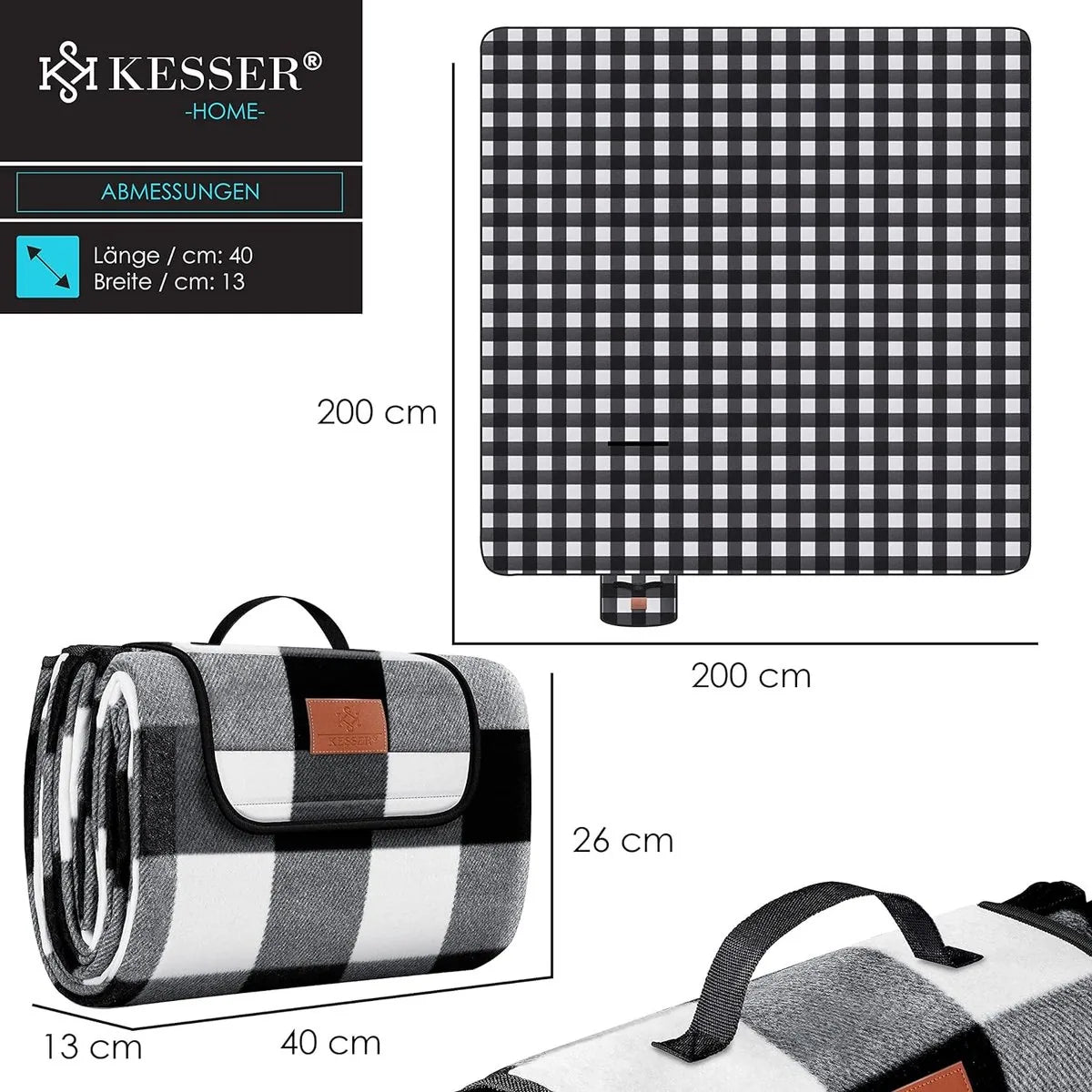 FurnStar - Picknickkleed - Picknickdeken waterdicht - Picknickdeken - Warmte - isolerend met waterdichte bodem met draaggreep - 200 x 200 cm - voor 4-6 personen - Wasbaar - Blauw/Groen – Zwart/wit