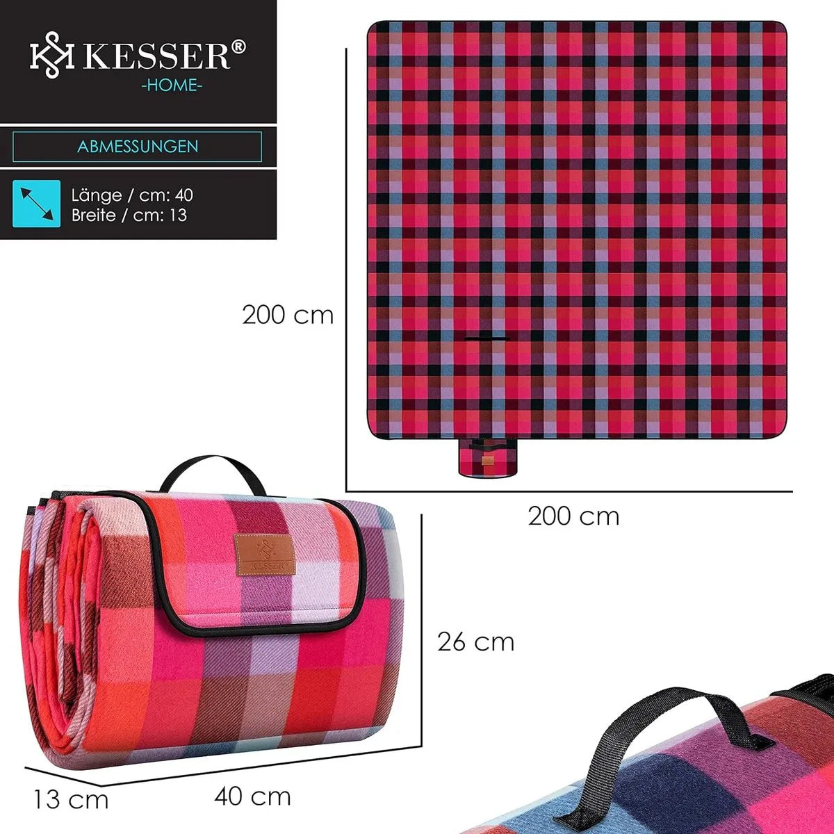 FurnStar - Picknickkleed - Picknickdeken waterdicht - Picknickdeken - Warmte - isolerend met waterdichte bodem met draaggreep - 200 x 200 cm - voor 4-6 personen - Wasbaar - Blauw/Groen – Rode