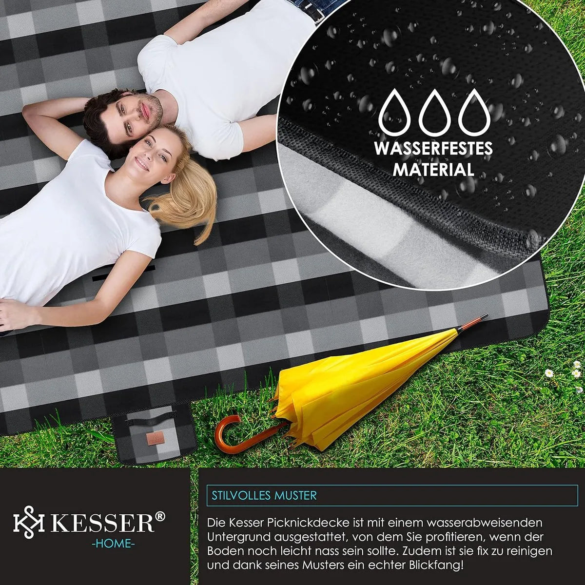 FurnStar - Picknickkleed - Picknickdeken waterdicht - Picknickdeken - Warmte - isolerend met waterdichte bodem met draaggreep - 200 x 200 cm - voor 4-6 personen - Wasbaar - Blauw/Groen – Zwart