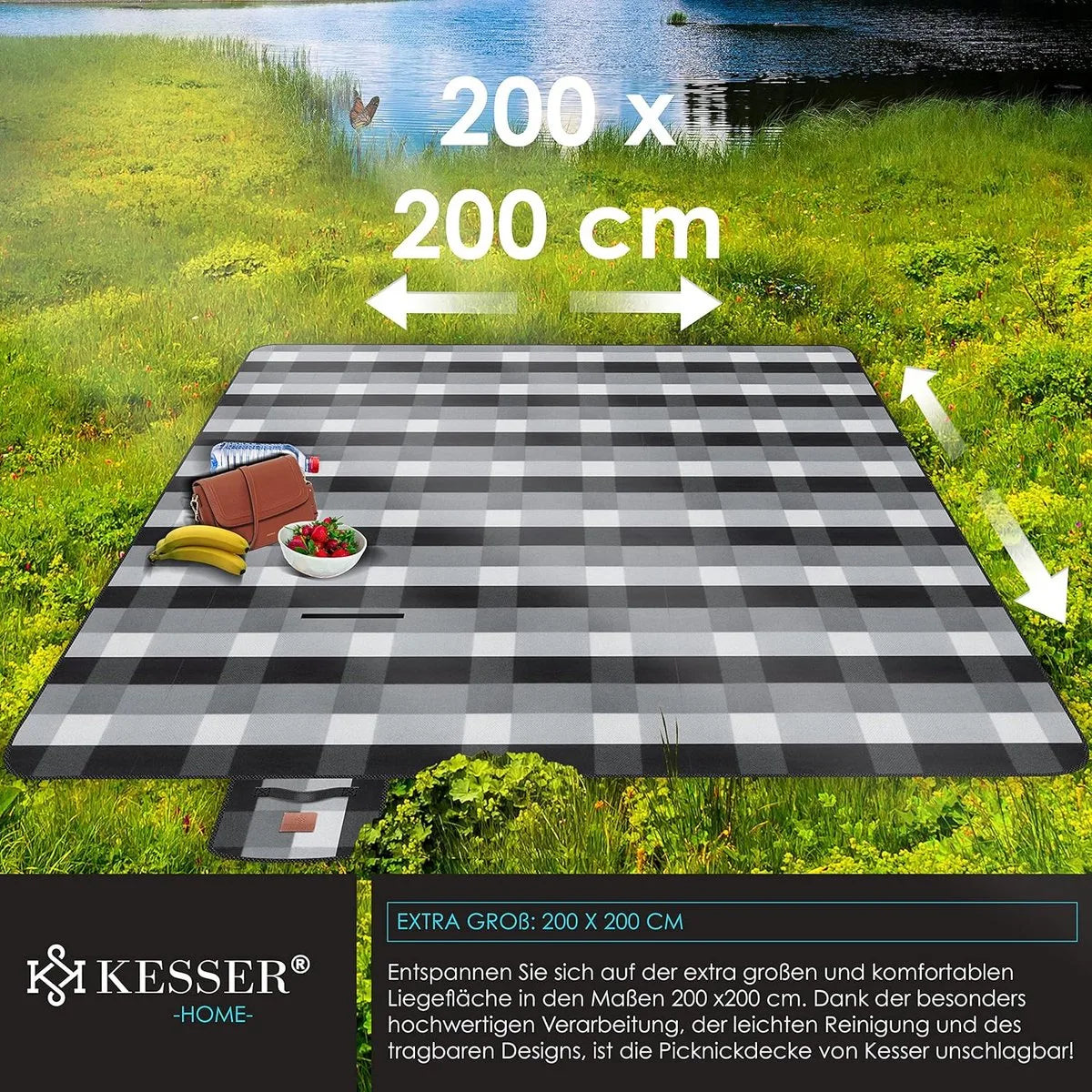 FurnStar - Picknickkleed - Picknickdeken waterdicht - Picknickdeken - Warmte - isolerend met waterdichte bodem met draaggreep - 200 x 200 cm - voor 4-6 personen - Wasbaar - Blauw/Groen – Zwart