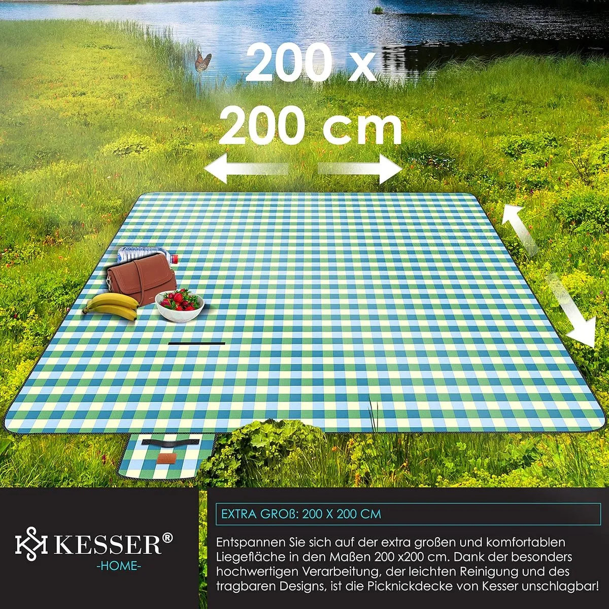 FurnStar - Picknickkleed - Picknickdeken waterdicht - Picknickdeken - Warmte - isolerend met waterdichte bodem met draaggreep - 200 x 200 cm - voor 4-6 personen - Wasbaar - Blauw/Groen