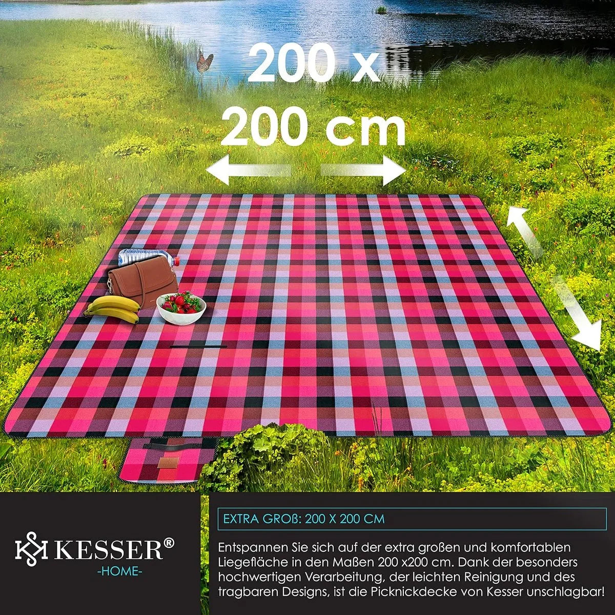 FurnStar - Picknickkleed - Picknickdeken waterdicht - Picknickdeken - Warmte - isolerend met waterdichte bodem met draaggreep - 200 x 200 cm - voor 4-6 personen - Wasbaar - Blauw/Groen – Rode