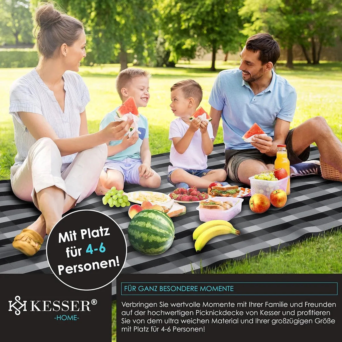 FurnStar - Picknickkleed - Picknickdeken waterdicht - Picknickdeken - Warmte - isolerend met waterdichte bodem met draaggreep - 200 x 200 cm - voor 4-6 personen - Wasbaar - Blauw/Groen – Zwart
