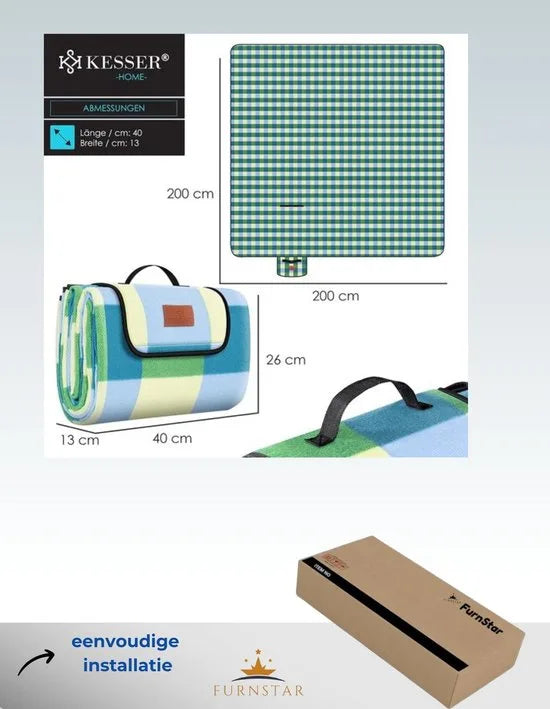 FurnStar - Picknickkleed - Picknickdeken waterdicht - Picknickdeken - Warmte - isolerend met waterdichte bodem met draaggreep - 200 x 200 cm - voor 4-6 personen - Wasbaar - Blauw/Groen