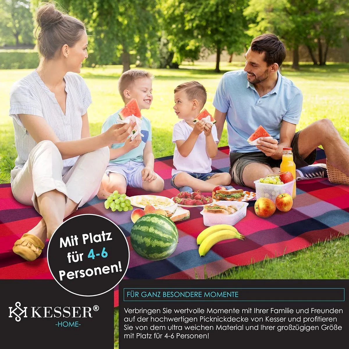 FurnStar - Picknickkleed - Picknickdeken waterdicht - Picknickdeken - Warmte - isolerend met waterdichte bodem met draaggreep - 200 x 200 cm - voor 4-6 personen - Wasbaar - Blauw/Groen – Rode