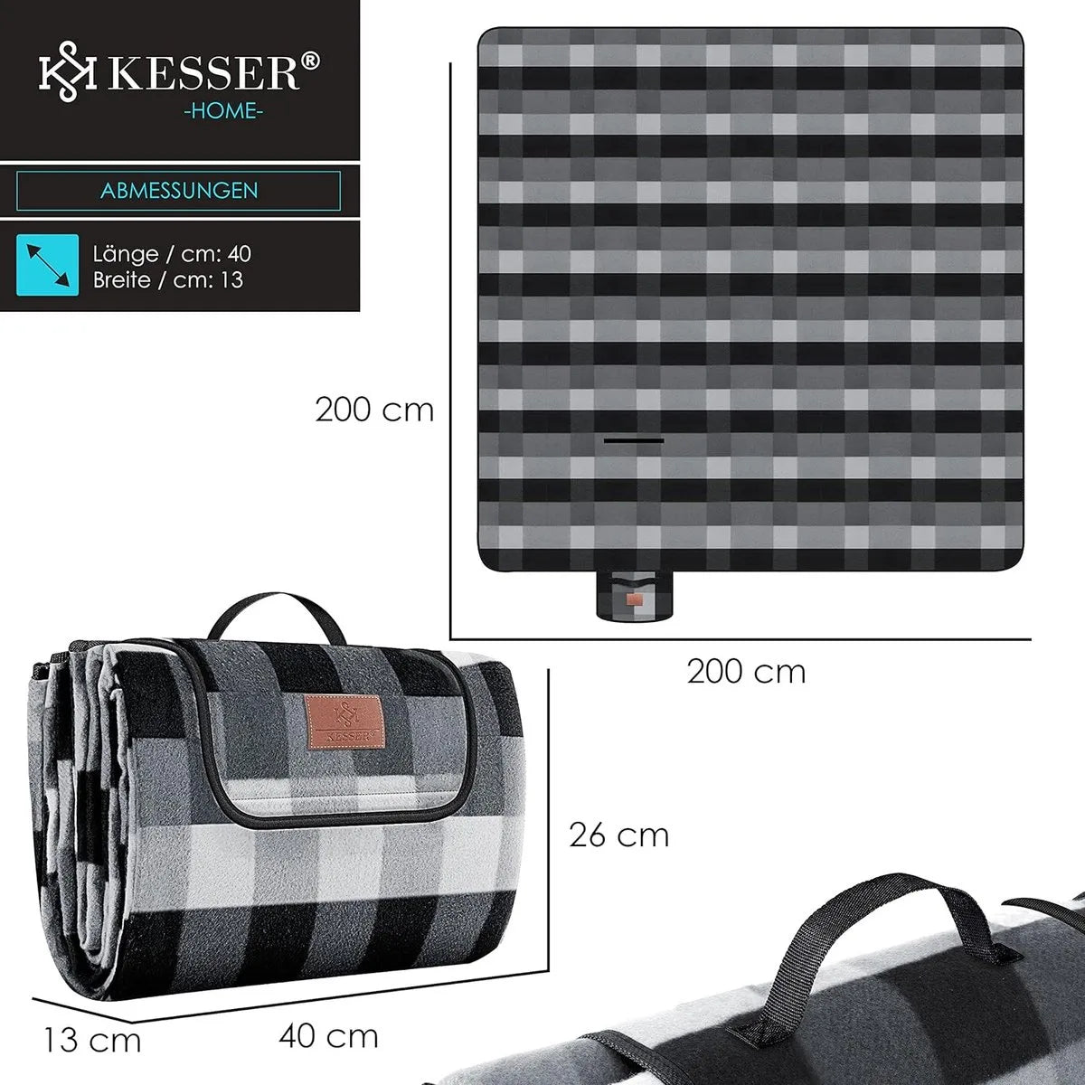 FurnStar - Picknickkleed - Picknickdeken waterdicht - Picknickdeken - Warmte - isolerend met waterdichte bodem met draaggreep - 200 x 200 cm - voor 4-6 personen - Wasbaar - Blauw/Groen – Zwart