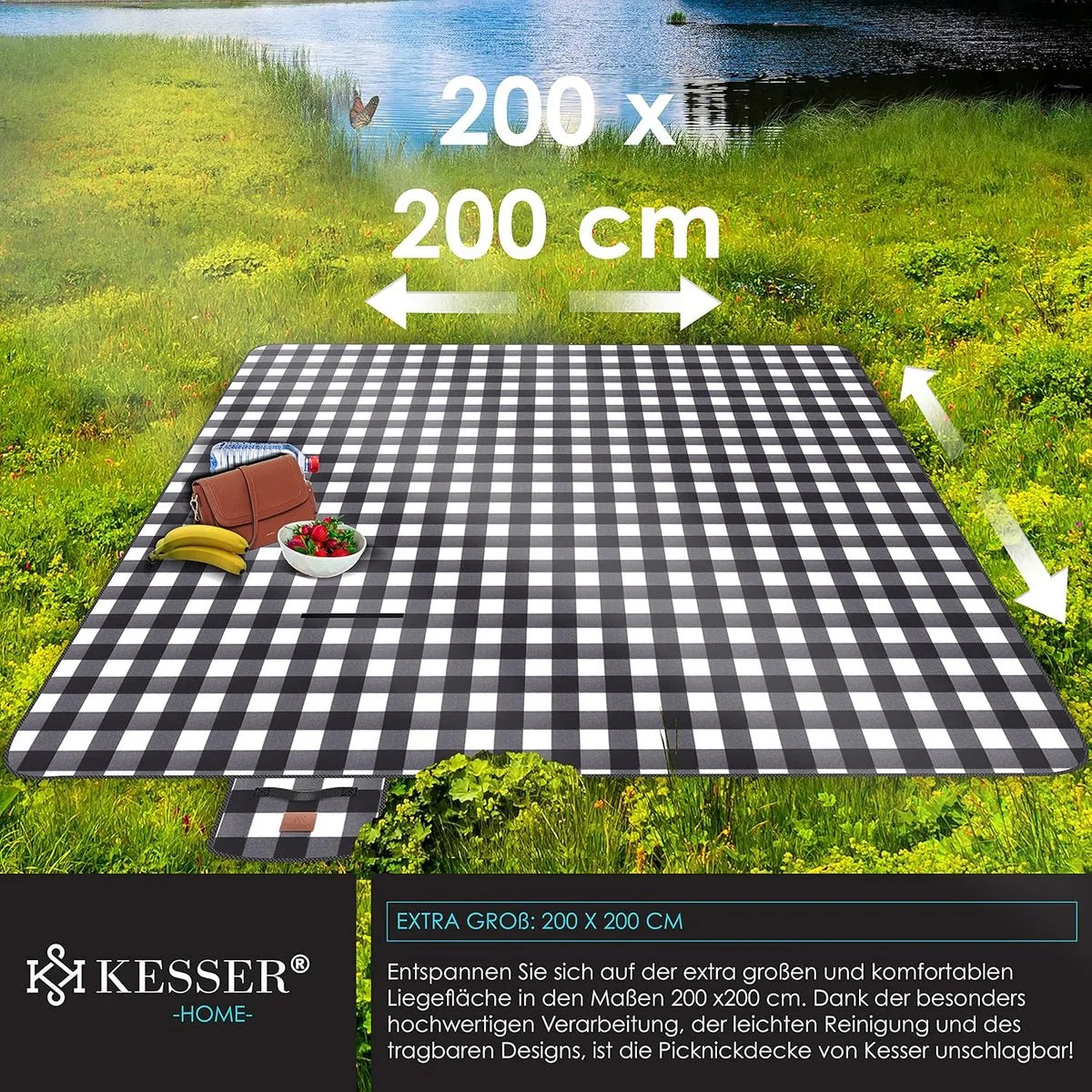 FurnStar - Picknickkleed - Picknickdeken waterdicht - Picknickdeken - Warmte - isolerend met waterdichte bodem met draaggreep - 200 x 200 cm - voor 4-6 personen - Wasbaar - Blauw/Groen – Zwart/wit