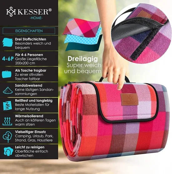 FurnStar - Picknickkleed - Picknickdeken waterdicht - Picknickdeken - Warmte - isolerend met waterdichte bodem met draaggreep - 200 x 200 cm - voor 4-6 personen - Wasbaar - Blauw/Groen – Rode