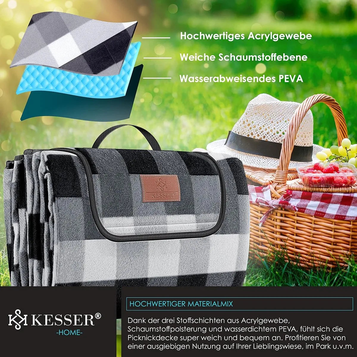 FurnStar - Picknickkleed - Picknickdeken waterdicht - Picknickdeken - Warmte - isolerend met waterdichte bodem met draaggreep - 200 x 200 cm - voor 4-6 personen - Wasbaar - Grijs / Houtskool