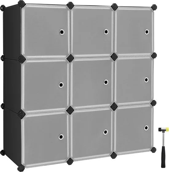 FurnStar - Reksysteem - schoenenrek - set van 12 kubussen - kledingkast van kunststof - met deuren - steekrek - opslag van kleding - schoenen en boeken - eenvoudige montage - zwart – Zwart zwart (0905)