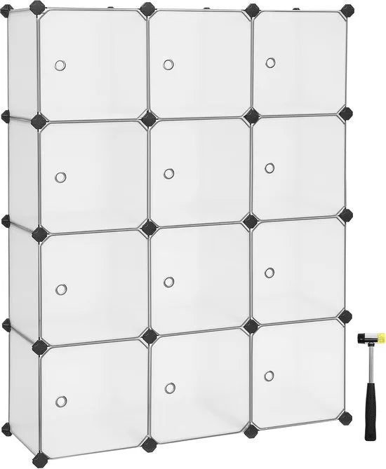 FurnStar - Reksysteem - schoenenrek - set van 12 kubussen - kledingkast van kunststof - met deuren - steekrek - opslag van kleding - schoenen en boeken - eenvoudige montage - zwart – Wit wit (0882)