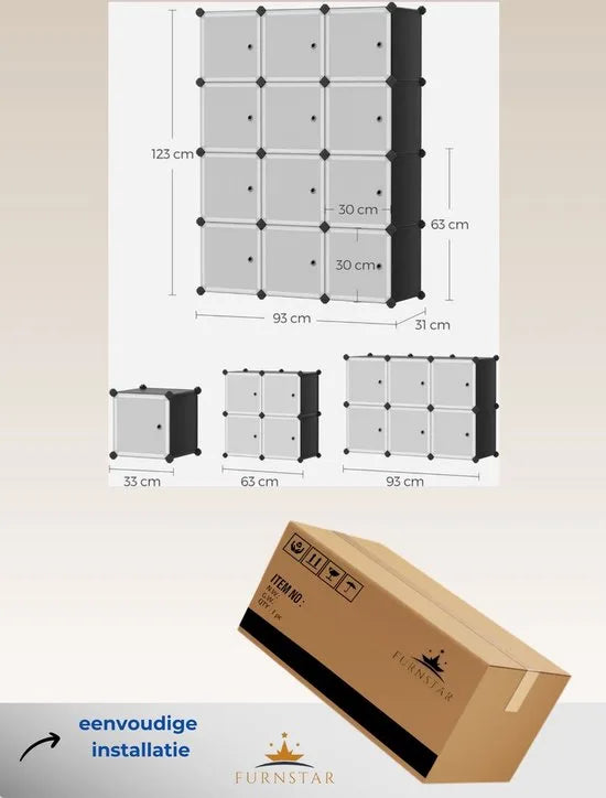 FurnStar - Reksysteem - schoenenrek - set van 12 kubussen - kledingkast van kunststof - met deuren - steekrek - opslag van kleding - schoenen en boeken - eenvoudige montage - zwart