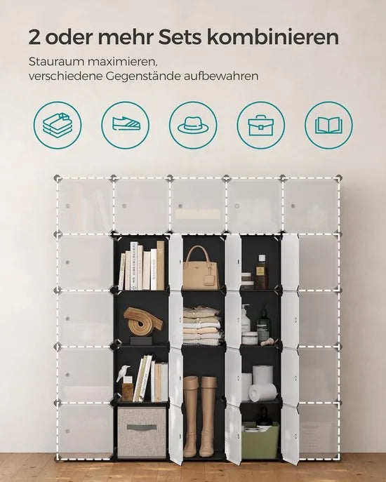 FurnStar - Reksysteem - schoenenrek - set van 12 kubussen - kledingkast van kunststof - met deuren - steekrek - opslag van kleding - schoenen en boeken - eenvoudige montage - zwart