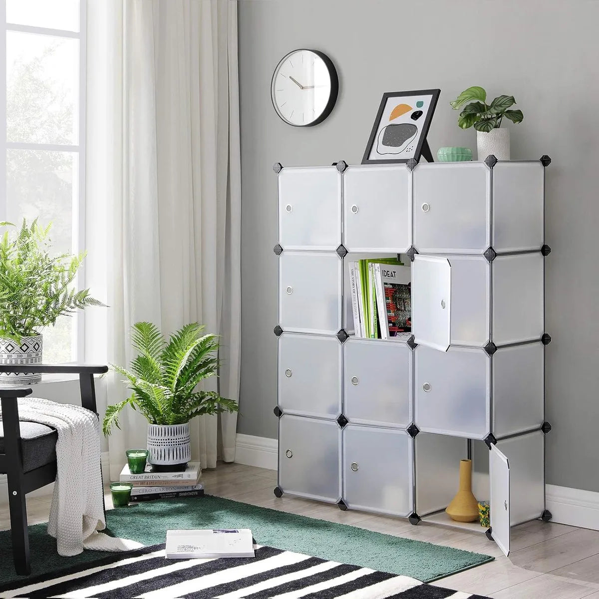 FurnStar - Reksysteem - schoenenrek - set van 12 kubussen - kledingkast van kunststof - met deuren - steekrek - opslag van kleding - schoenen en boeken - eenvoudige montage - zwart – Wit wit (0882)
