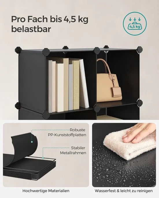 FurnStar - Reksysteem - schoenenrek - set van 12 kubussen - kledingkast van kunststof - met deuren - steekrek - opslag van kleding - schoenen en boeken - eenvoudige montage - zwart