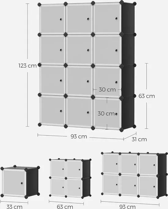 FurnStar - Reksysteem - schoenenrek - set van 12 kubussen - kledingkast van kunststof - met deuren - steekrek - opslag van kleding - schoenen en boeken - eenvoudige montage - zwart