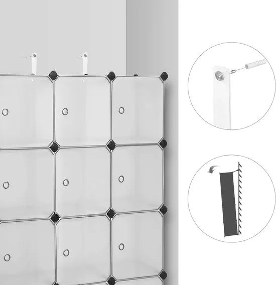 FurnStar - Reksysteem - schoenenrek - set van 12 kubussen - kledingkast van kunststof - met deuren - steekrek - opslag van kleding - schoenen en boeken - eenvoudige montage - zwart – Wit wit (0882)