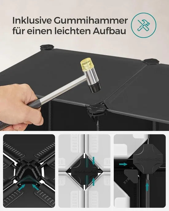FurnStar - Reksysteem - schoenenrek - set van 12 kubussen - kledingkast van kunststof - met deuren - steekrek - opslag van kleding - schoenen en boeken - eenvoudige montage - zwart