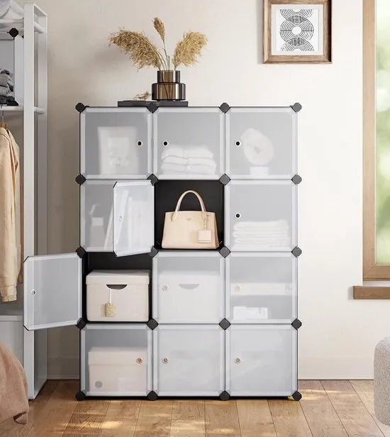 FurnStar - Reksysteem - schoenenrek - set van 12 kubussen - kledingkast van kunststof - met deuren - steekrek - opslag van kleding - schoenen en boeken - eenvoudige montage - zwart