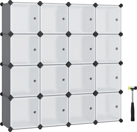 FurnStar - Reksysteem - schoenenrek - set van 16 kubussen - kledingkast van kunststof - met deuren - steekrek - opslag van kleding - schoenen en boeken - eenvoudige montage - crème-wit – Grijs
