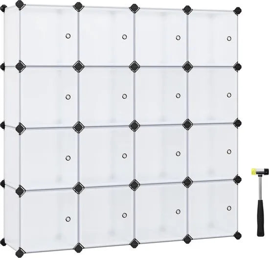 FurnStar - Reksysteem - schoenenrek - set van 16 kubussen - kledingkast van kunststof - met deuren - steekrek - opslag van kleding - schoenen en boeken - eenvoudige montage - crème-wit – Wit