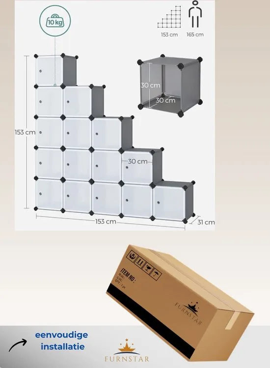 FurnStar - Reksysteem - schoenenrek - set van 16 kubussen - kledingkast van kunststof - met deuren - steekrek - opslag van kleding - schoenen en boeken - eenvoudige montage - grijs