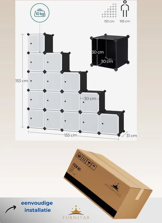 FurnStar - Reksysteem - schoenenrek - set van 16 kubussen - kledingkast van kunststof - met deuren - steekrek - opslag van kleding - schoenen en boeken - eenvoudige montage - crème-wit – Zwart