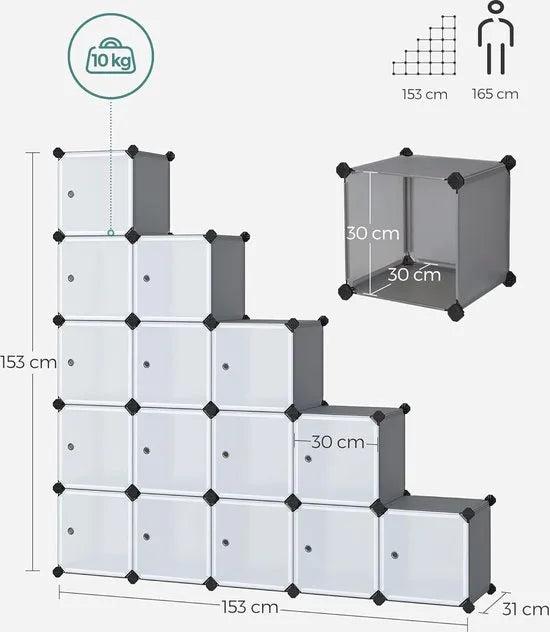 FurnStar - Reksysteem - schoenenrek - set van 16 kubussen - kledingkast van kunststof - met deuren - steekrek - opslag van kleding - schoenen en boeken - eenvoudige montage - crème-wit – Grijs