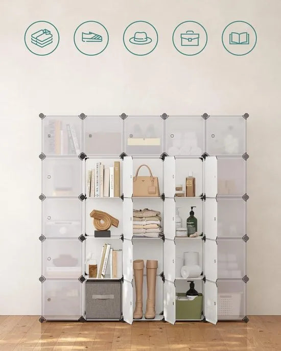FurnStar - Reksysteem - schoenenrek - set van 16 kubussen - kledingkast van kunststof - met deuren - steekrek - opslag van kleding - schoenen en boeken - eenvoudige montage - crème-wit – Wit