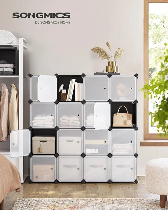 FurnStar - Reksysteem - schoenenrek - set van 16 kubussen - kledingkast van kunststof - met deuren - steekrek - opslag van kleding - schoenen en boeken - eenvoudige montage - crème-wit – Zwart