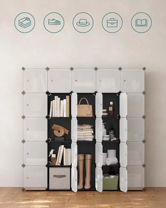 FurnStar - Reksysteem - schoenenrek - set van 16 kubussen - kledingkast van kunststof - met deuren - steekrek - opslag van kleding - schoenen en boeken - eenvoudige montage - crème-wit – Zwart
