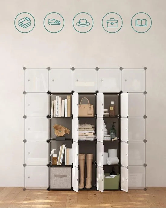 FurnStar - Reksysteem - schoenenrek - set van 16 kubussen - kledingkast van kunststof - met deuren - steekrek - opslag van kleding - schoenen en boeken - eenvoudige montage - crème-wit – Grijs
