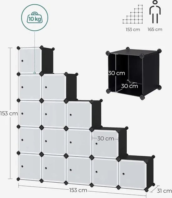 FurnStar - Reksysteem - schoenenrek - set van 16 kubussen - kledingkast van kunststof - met deuren - steekrek - opslag van kleding - schoenen en boeken - eenvoudige montage - crème-wit – Zwart